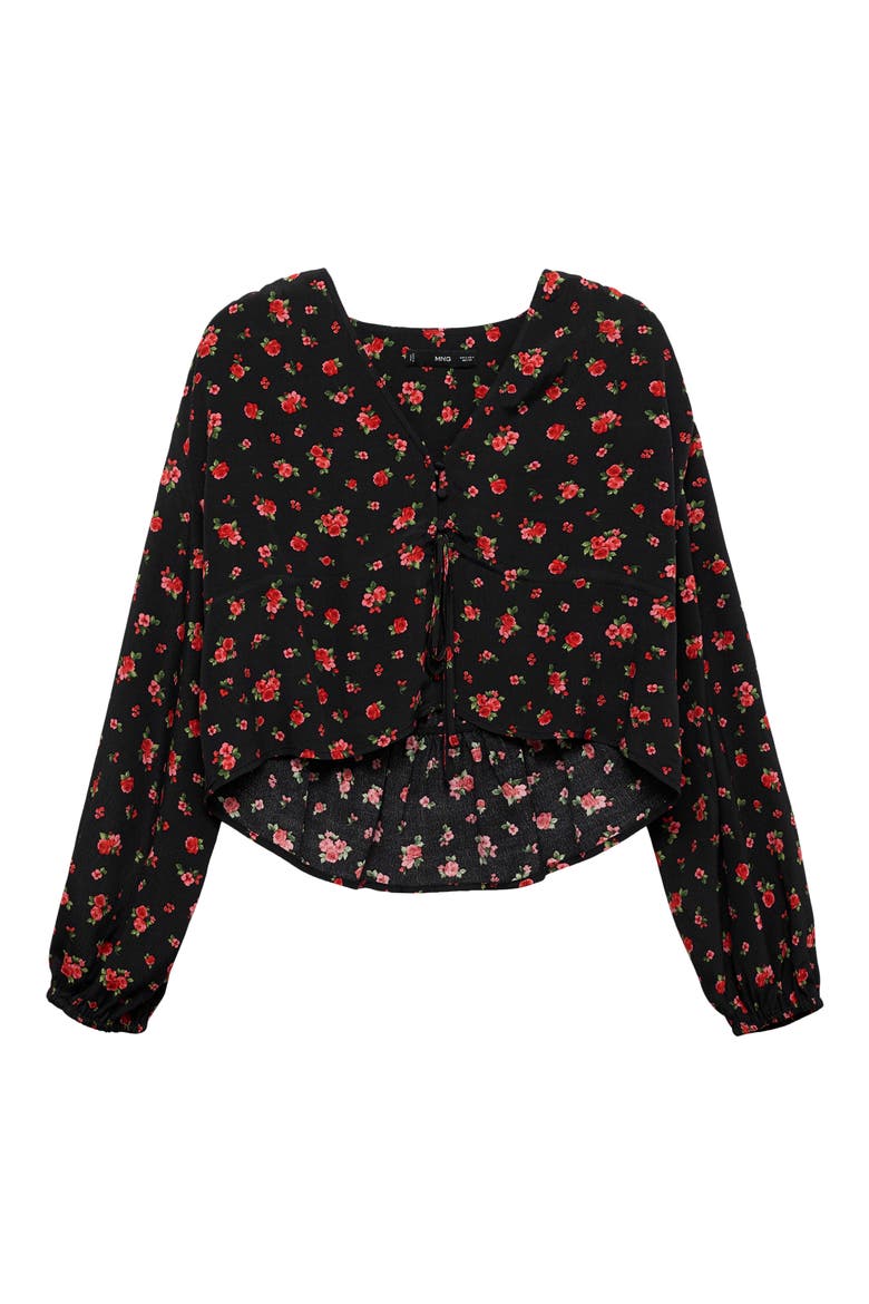 Floral Tie Front Top, Alternate, color, BLACK