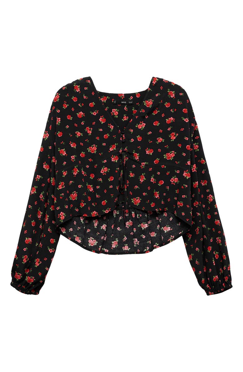 MANGO Floral Tie Front Top, Alternate, color, Black