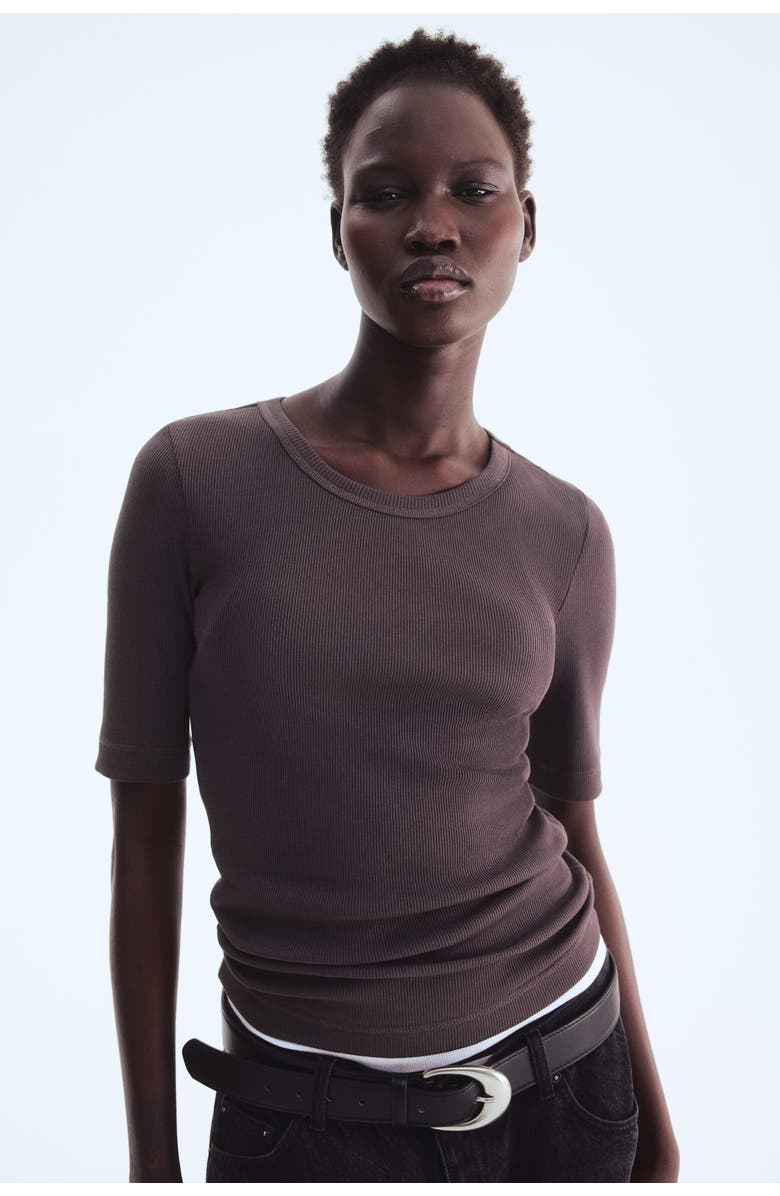 H&M Ribbed Silk-blend Top, Alternate, color, Truffle Gray