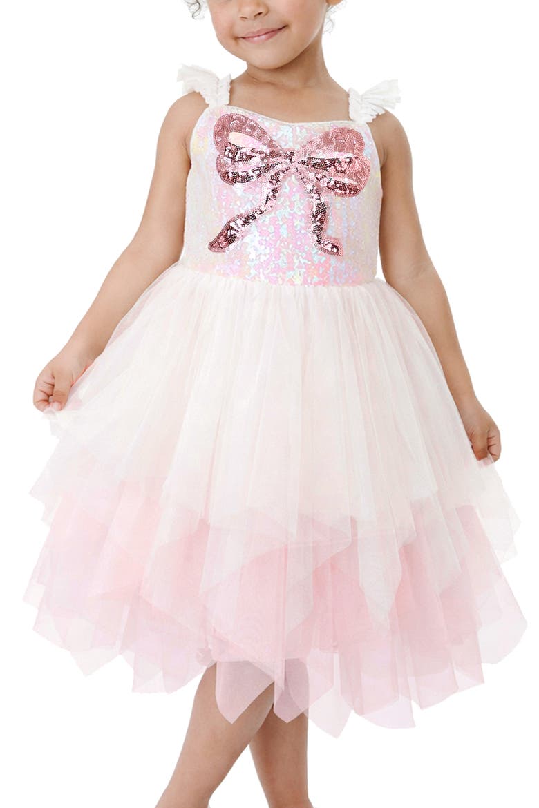 Sequin Bow Ruffle Tulle Dress, Alternate, color, BLUSH