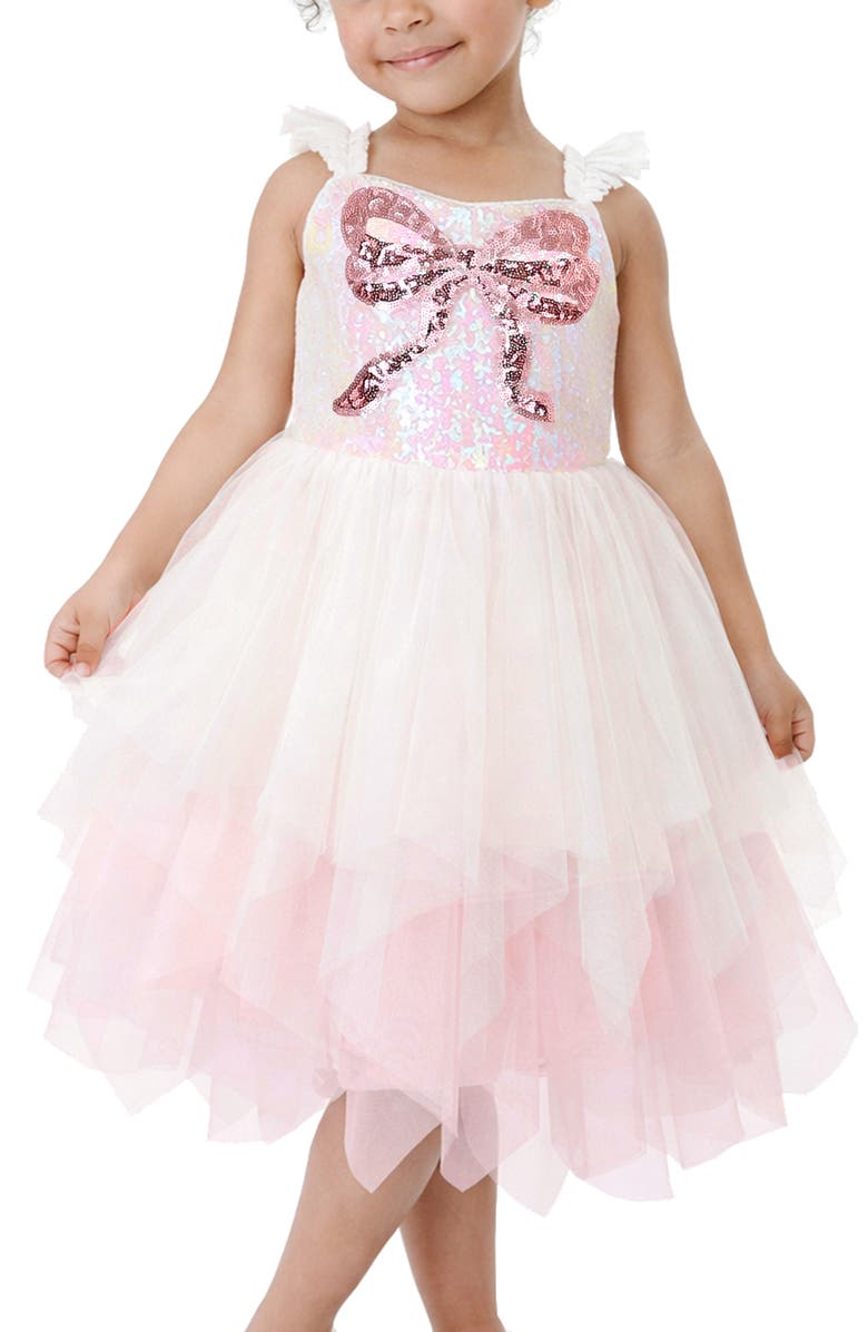 Zunie Sequin Bow Ruffle Tulle Dress, Alternate, color, Blush