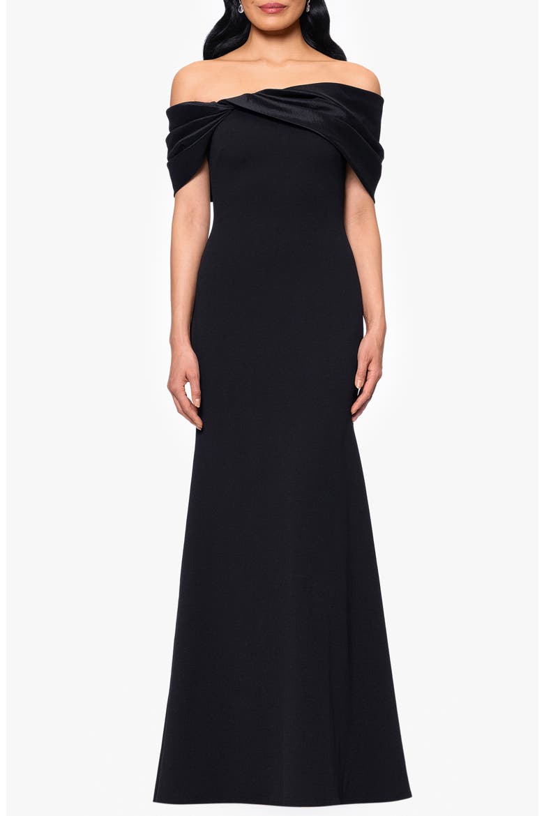 Off the Shoulder Crepe & Taffeta Sheath Gown, Main, color, BLACK