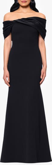 Betsy & Adam Off the Shoulder Crepe & Taffeta Sheath Gown 