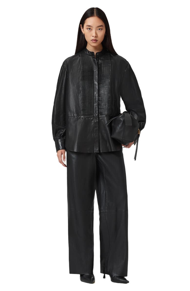 AllSaints Sara Pintuck Leather Shirt, Alternate, color, Black