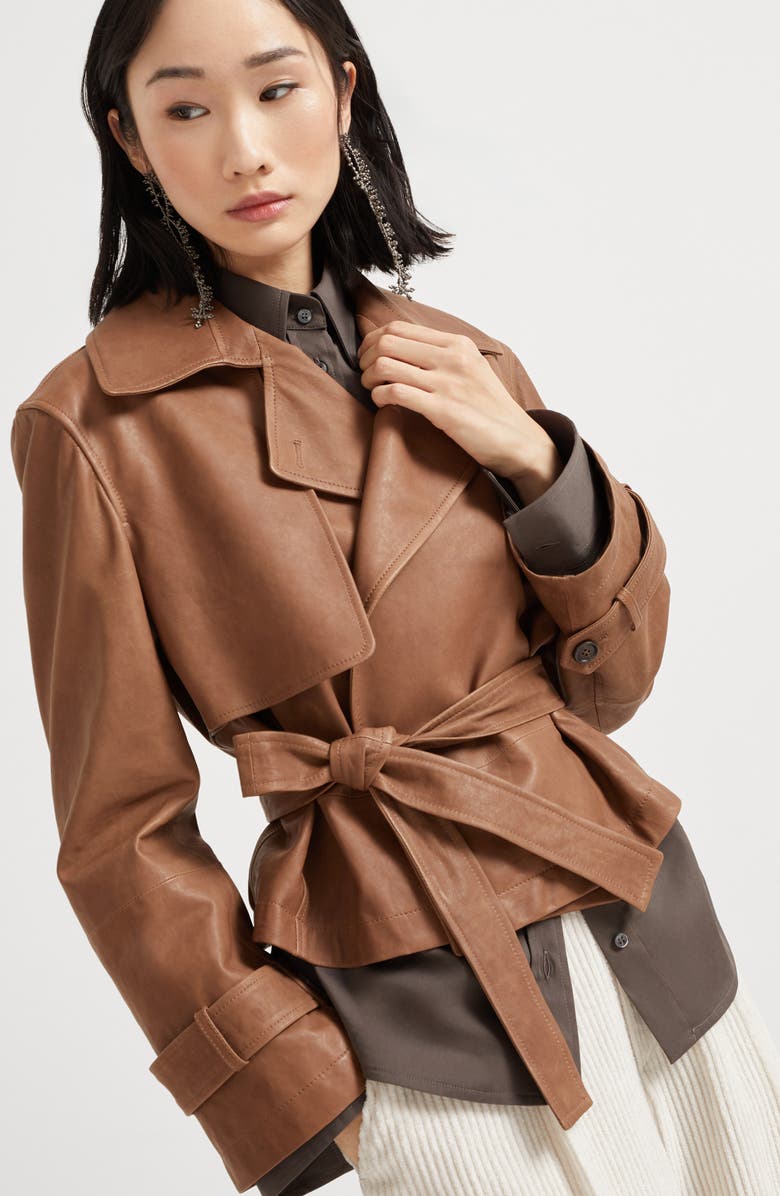 Brunello Cucinelli Vintage nappa Crop trenchcoat, Alternate, color, Leather