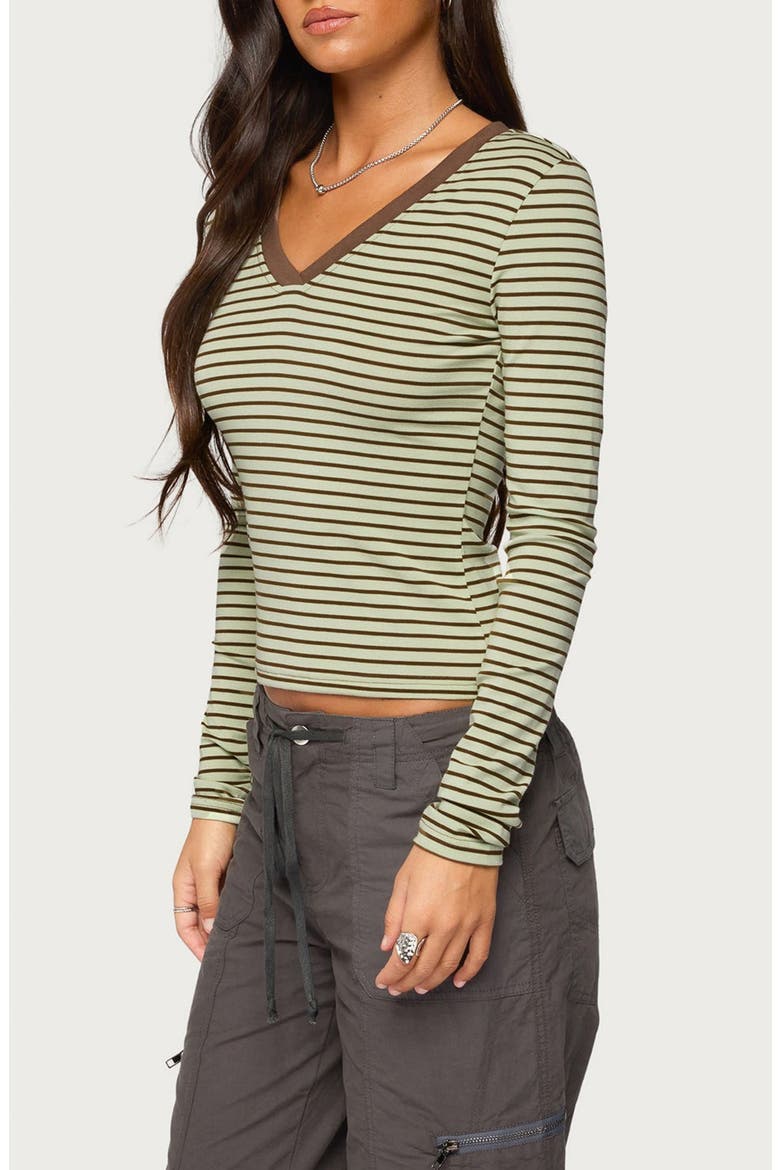 Yania Striped Long Sleeve V-Neck Top, Alternate, color, MINT-AND-BROWN