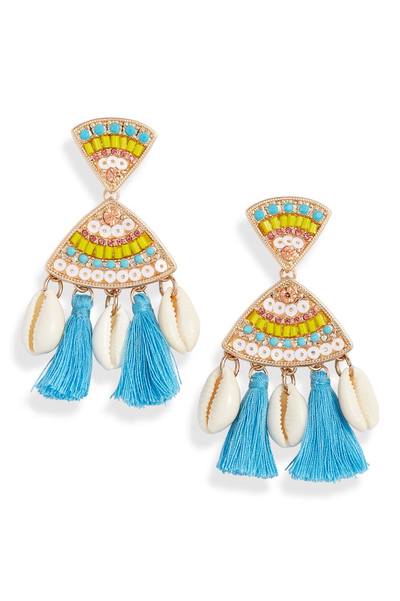 Tassel Shell Statement Drop Earrings, Main, color, BLUE MULTI