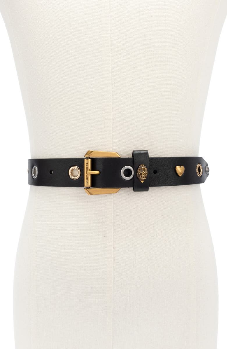 Kurt Geiger London Block Letter Leather Belt, Alternate, color, Black Antique Brass