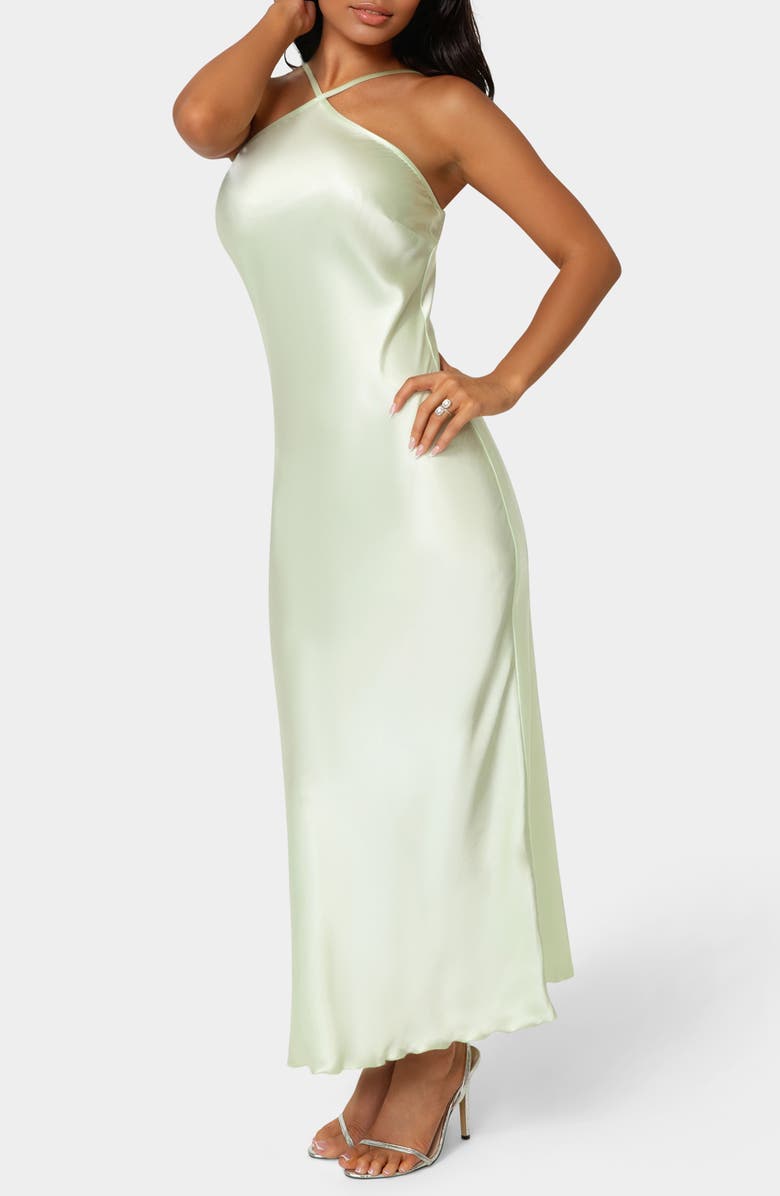 bebe Satin Halter Dress, Alternate, color, Heather Sage