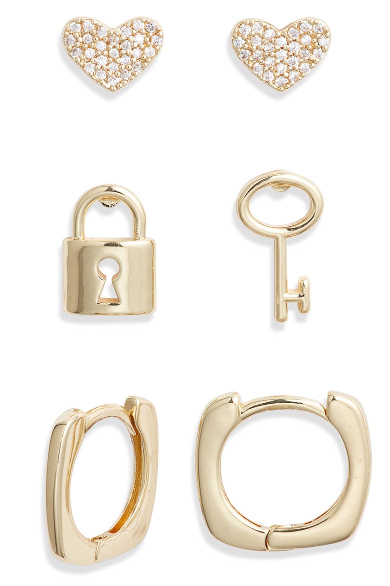 Set of 3 Demi Fine Stud & Huggie Hoop Earrings, Alternate, color, CLEAR- GOLD