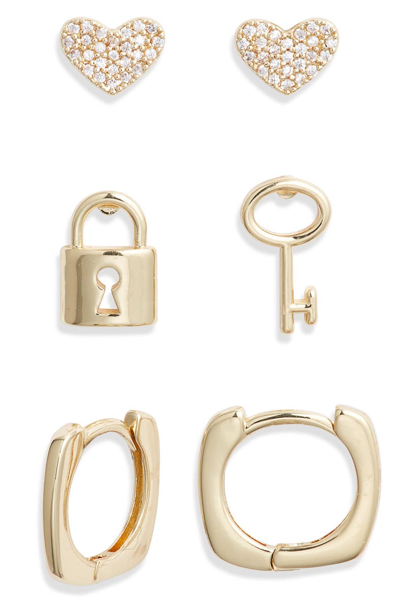 Chelsea28 Set of 3 Demi Fine Stud & Huggie Hoop Earrings, Alternate, color, Clear- Gold