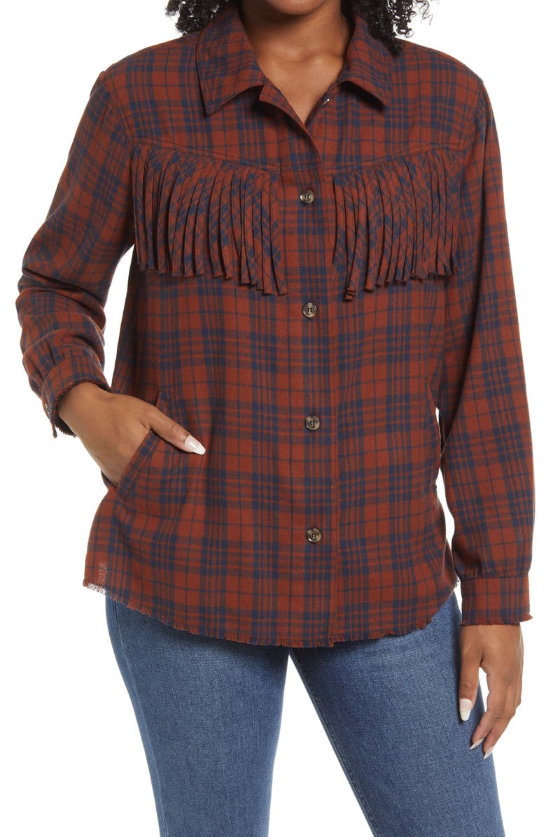 Wit & Wisdom Plaid Fringe Detail Cotton Shirt Jacket, Main, color, 