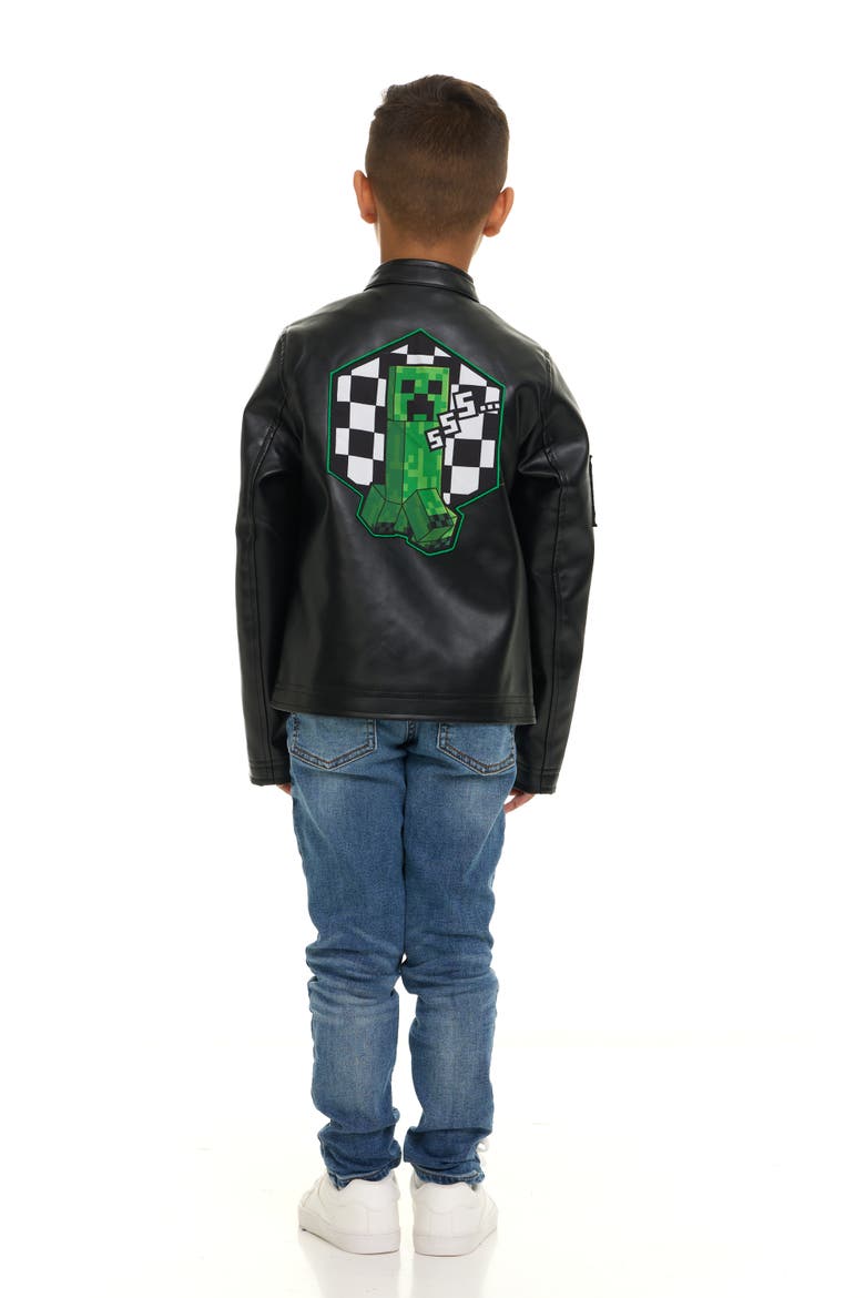 Creeper Zip-up Leather Jacket (little Kid & Big Kid), Alternate, color, Black Green Creeper