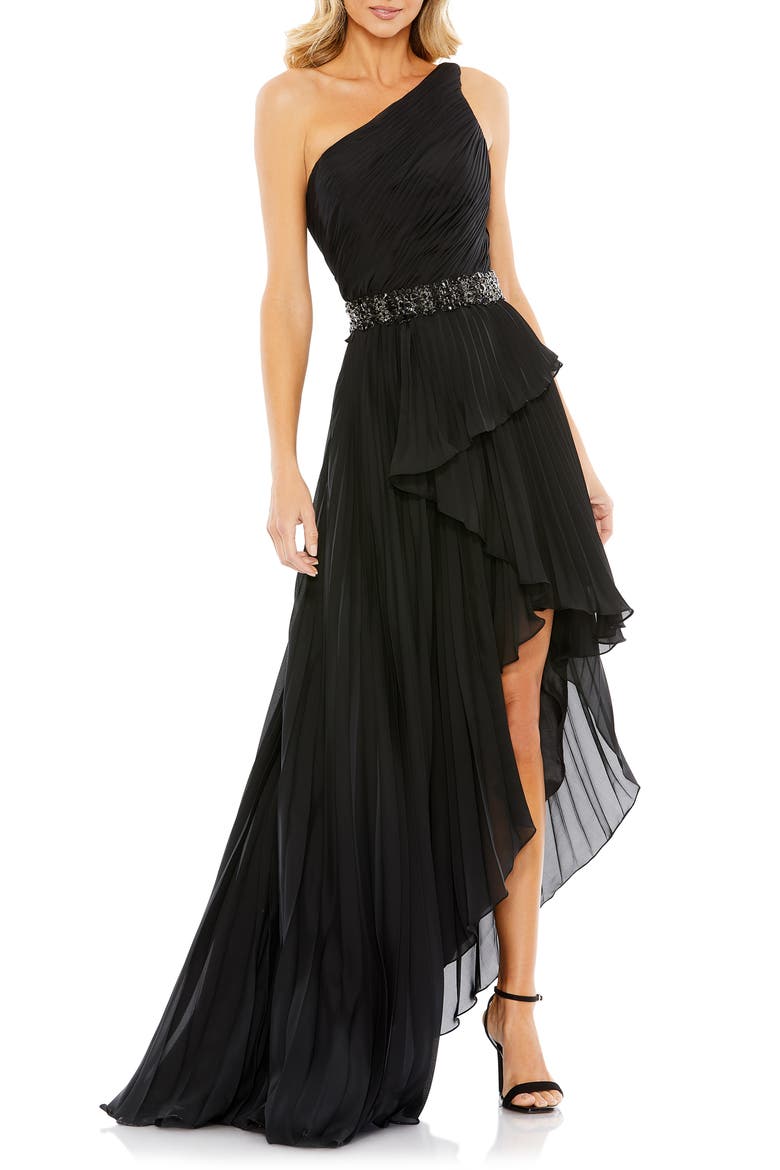 Embellished Gown with Strappy Open Back & Asymmetrical Ruffle Hem, Main, color, BLACK
