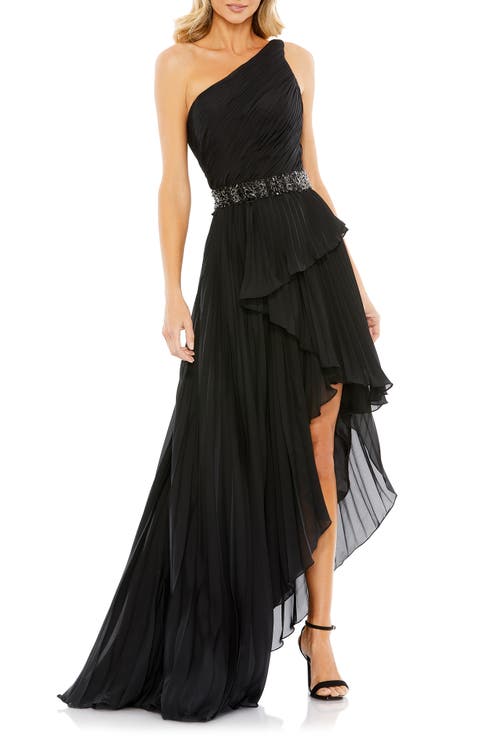 Embellished Gown with Strappy Open Back & Asymmetrical Ruffle Hem