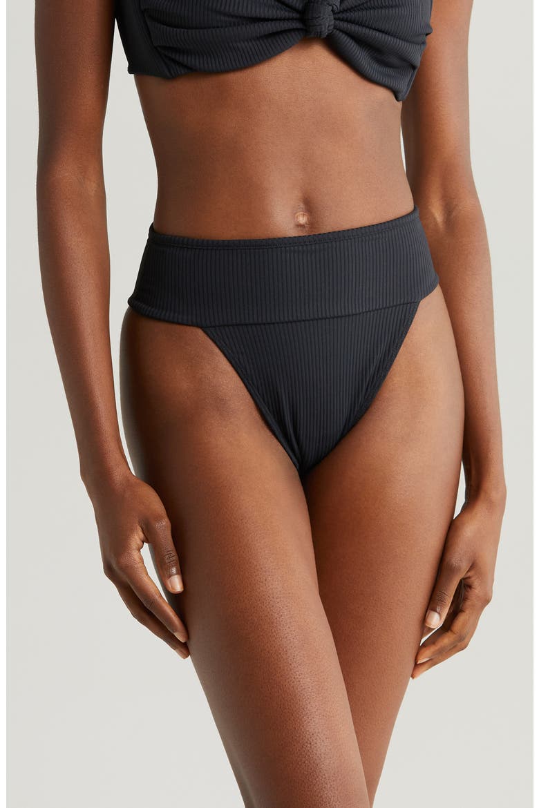 Tamarindo Rib High Cut Bikini Bottoms, Main, color, BLACK RIB