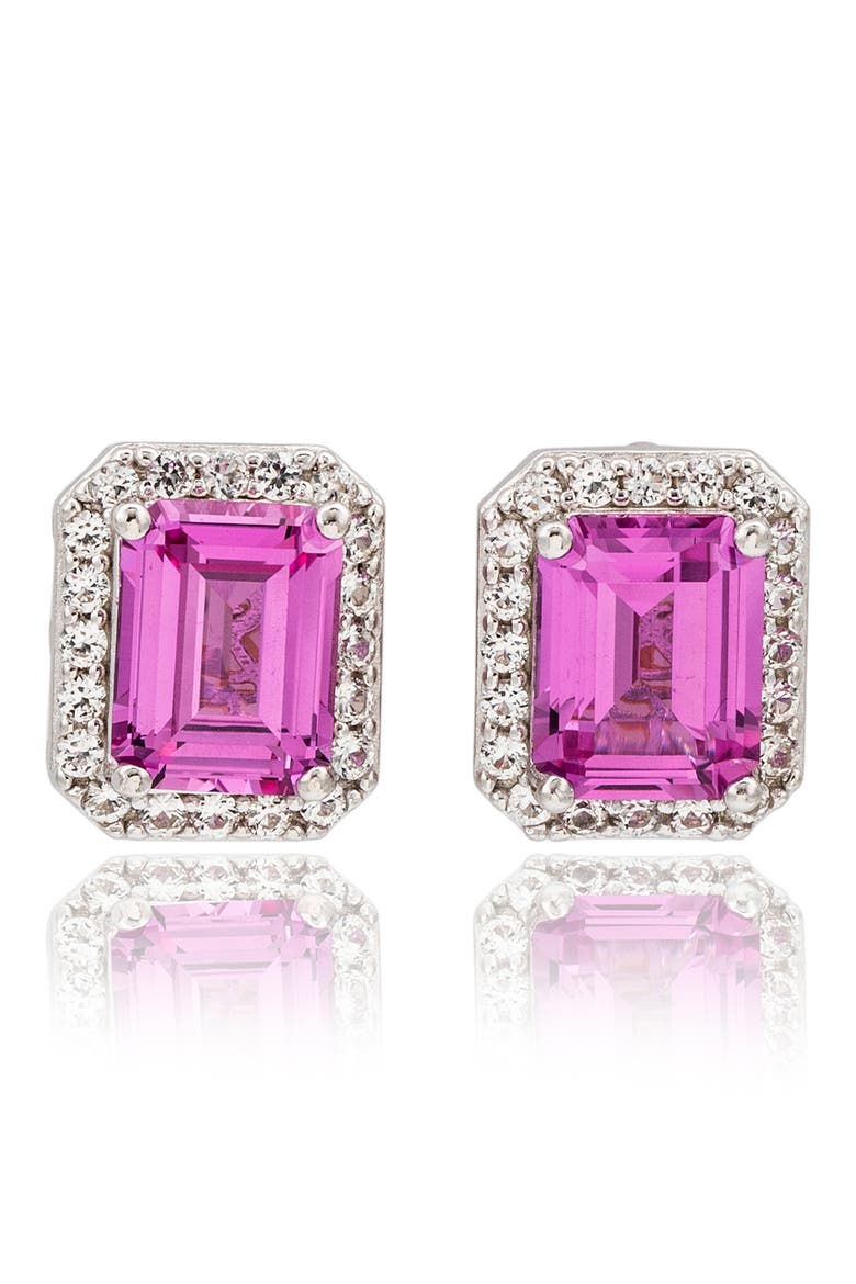 Baguette Cut Sapphire Pavé Diamond Halo Stud Earrings, Main, color, PINK
