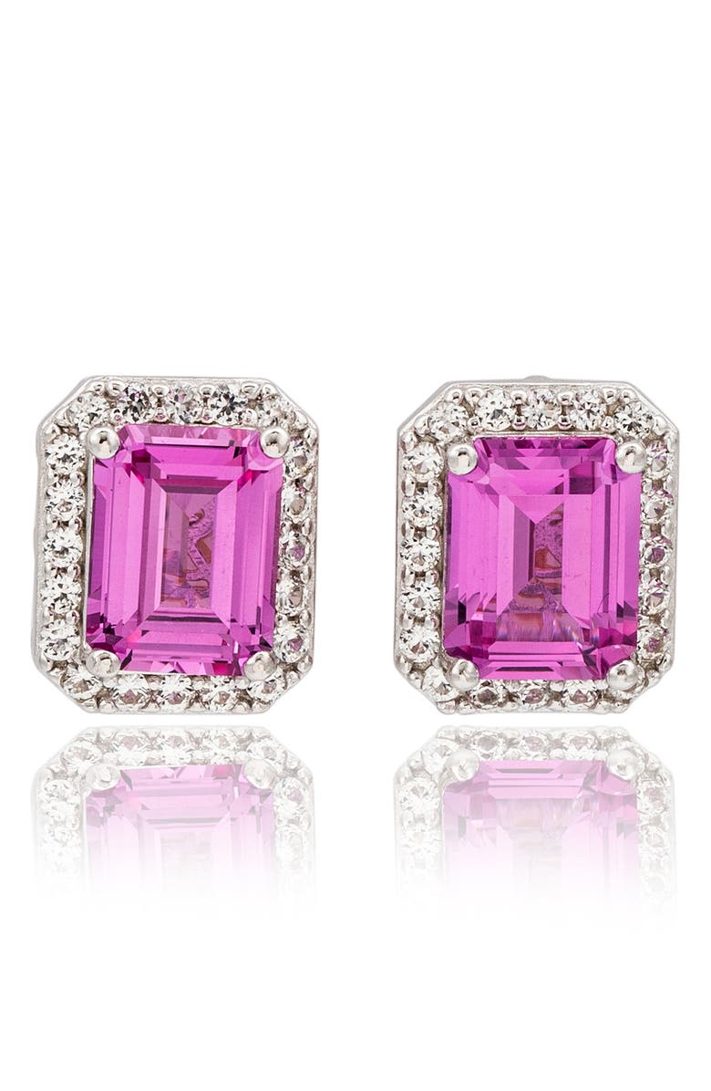 SUZY LEVIAN Baguette Cut Sapphire Pavé Diamond Halo Stud Earrings, Main, color, Pink