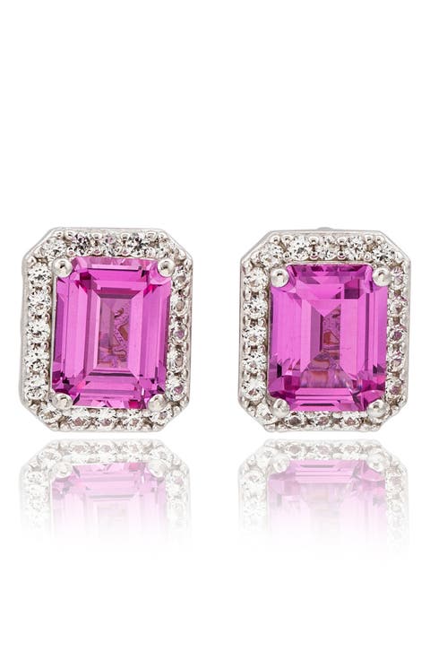 Baguette Cut Sapphire Pavé Diamond Halo Stud Earrings