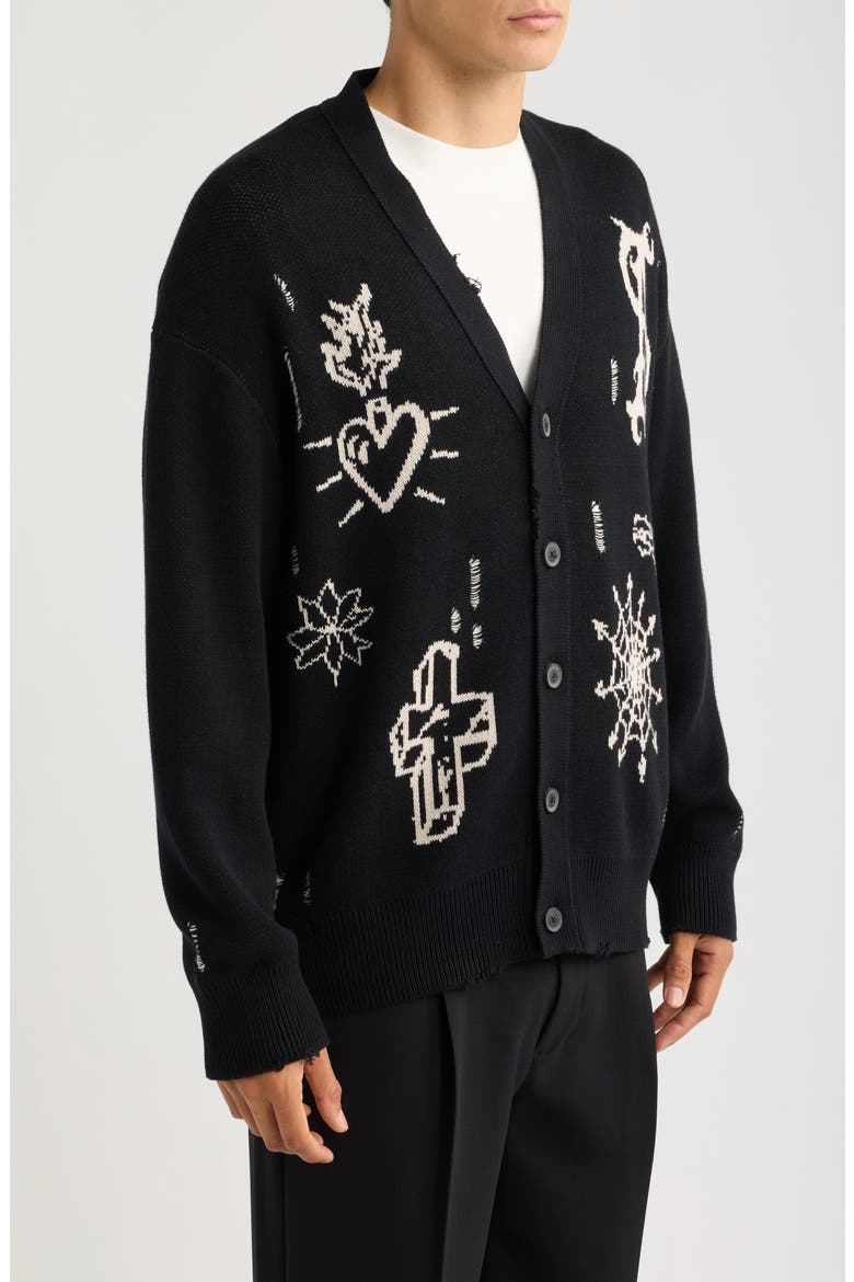 Staged Intarsia Organic Cotton Button Front Cardigan, Alternate, color, BLACK/ ECRU WHITE