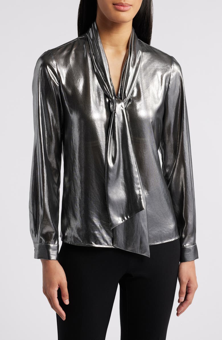 Anne Klein Metallic Tie Neck Shirt, Main, color, 