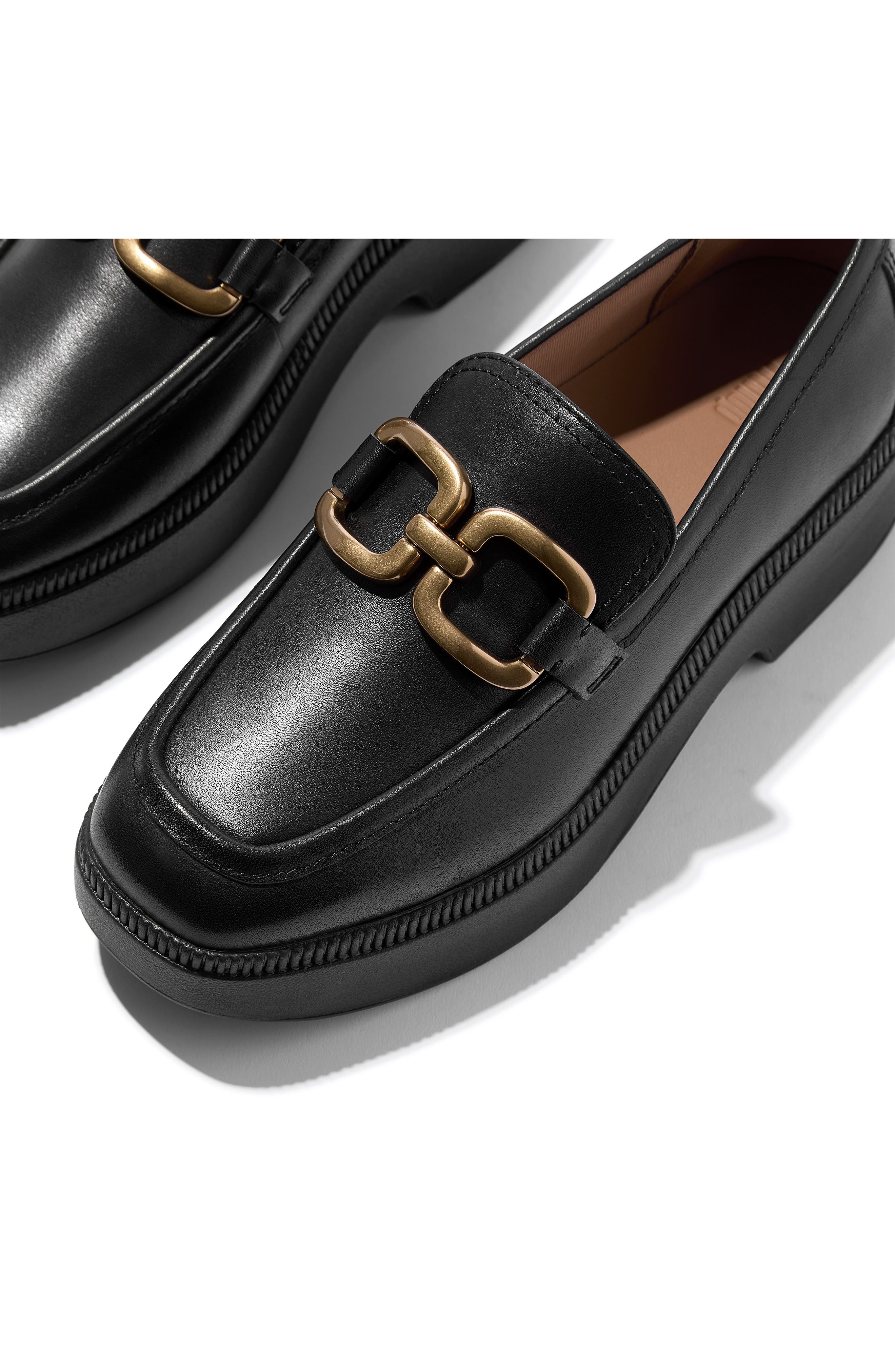 F-Luma Square-Chain Leather Loafer, Alternate, color, BLACK