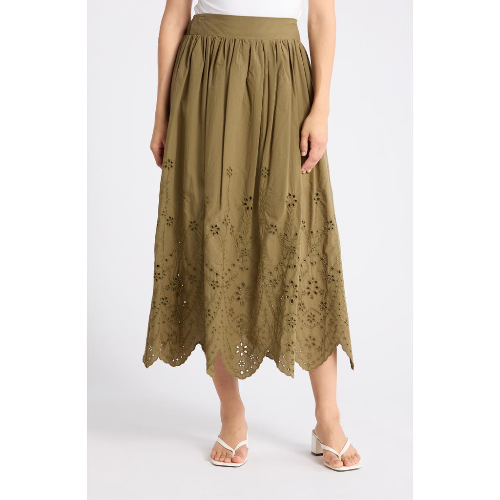 T Tahari Embroidered Eyelet Cotton Skirt in Martini Olive at Nordstrom Rack, Size Large