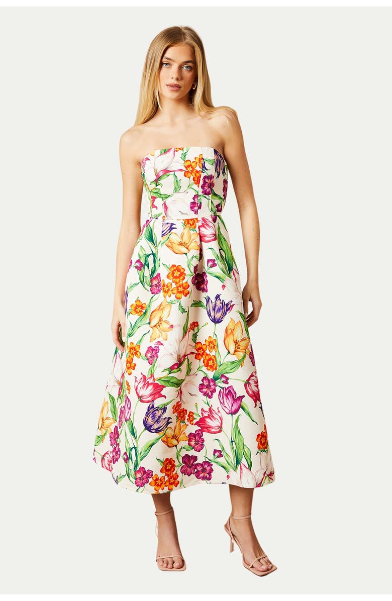 Oasis Floral Twill Strapless Midi Dress, Main, color, Multi