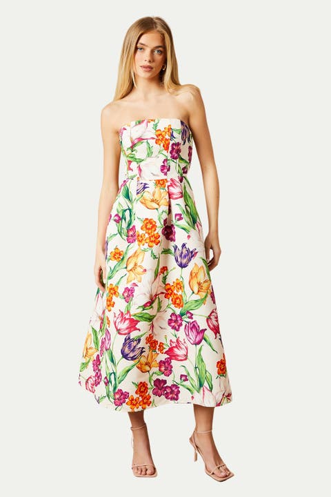 Floral Twill Strapless Midi Dress