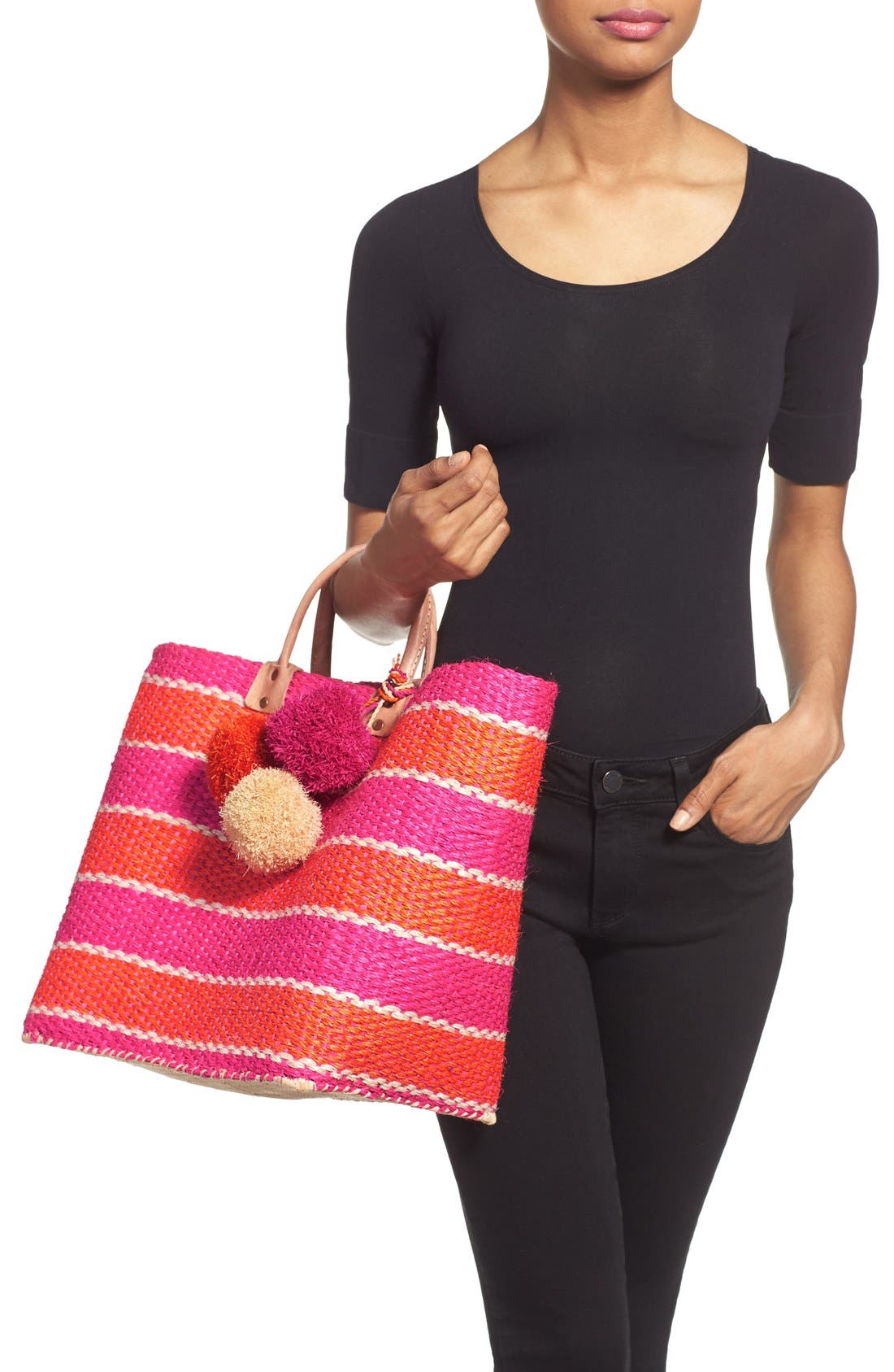 'Capri' Woven Tote with Pom Charms, Alternate, color, PINK