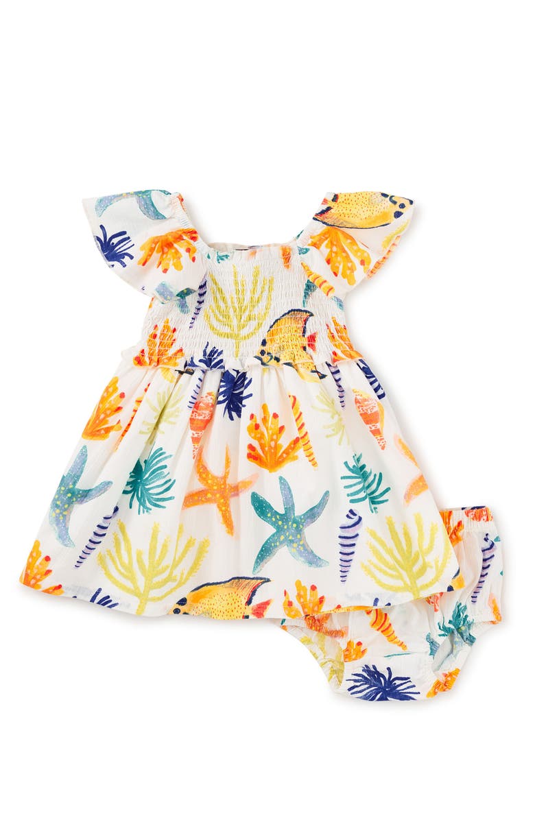 Tea Collection Flutter Sleeve Smocked Dress, Alternate, color, Watercolor Sea Life