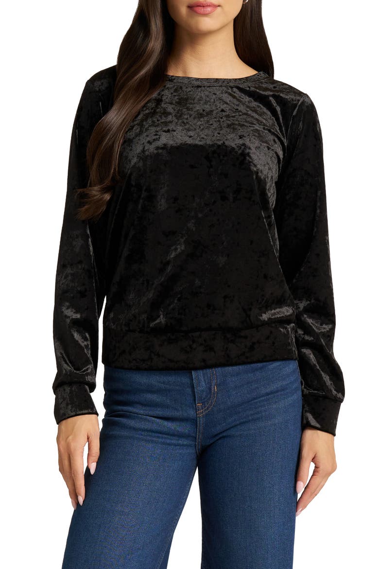 Crushed Velvet Crewneck Top, Main, color, BLACK