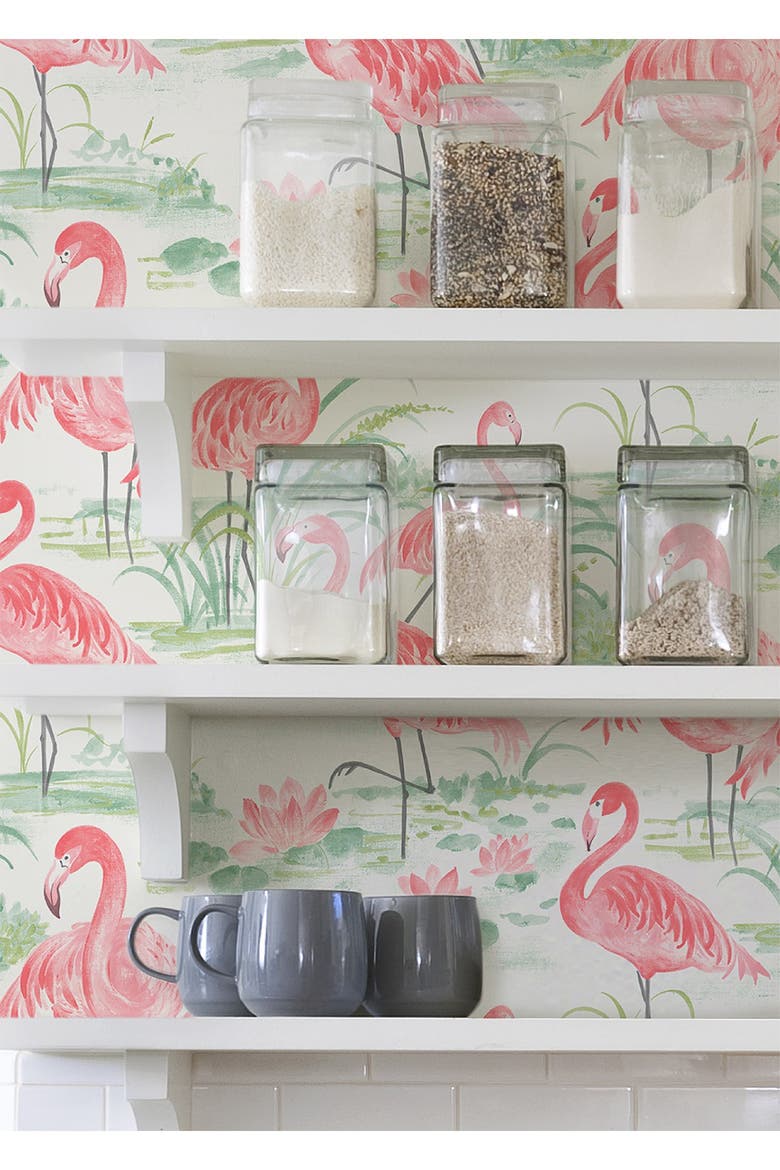 Pink Flamingo Beach Peel & Stick Wallpaper, Alternate, color, PINK