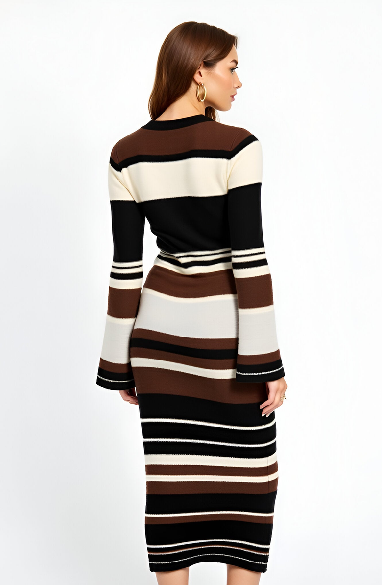 Modenaire Striped Long Sleeve Knit Midi Dress with Flared Cuff Detail, Alternate, color, Multi Color Stripes