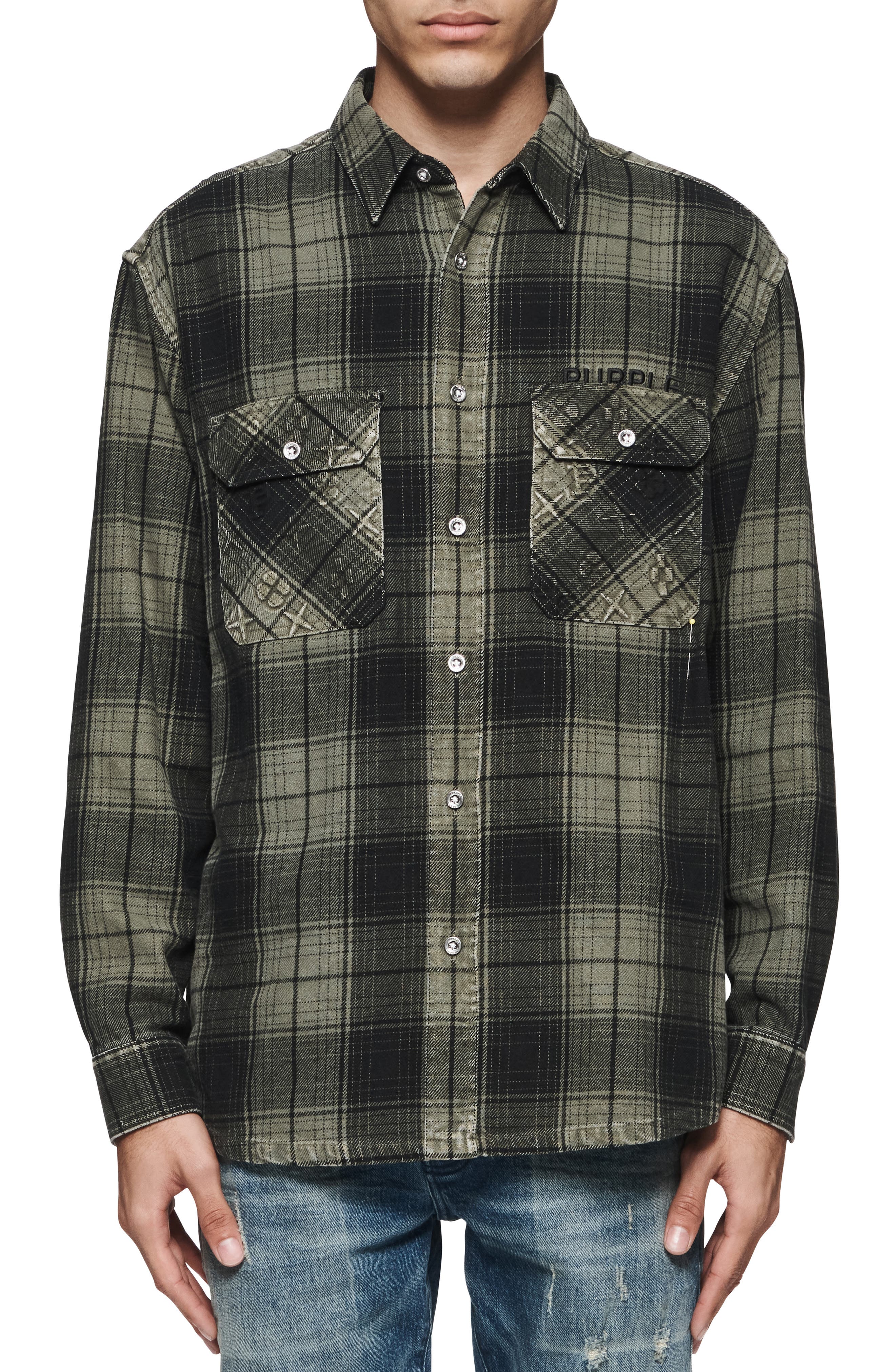 PURPLE BRAND Oversize Plaid Flannel Button-Up Shirt