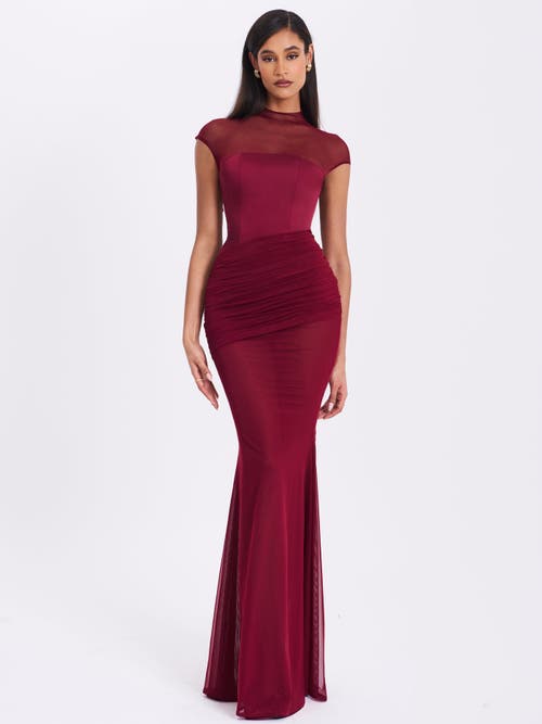 Miss Circle Fabienne Mesh Cap Sleeve Mermaid Gown In Burgundy