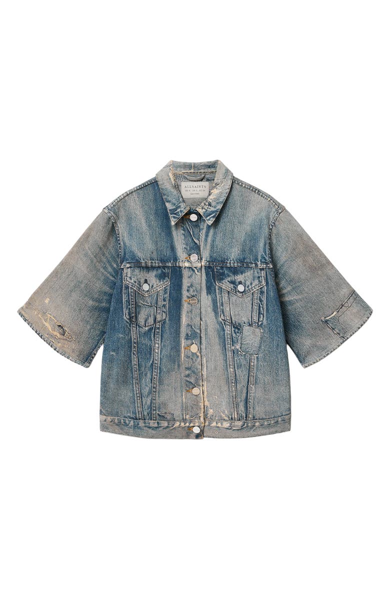 AllSaints Juni Distressed French Terry Denim Shirt, Alternate, color, Illusion Tint Blue