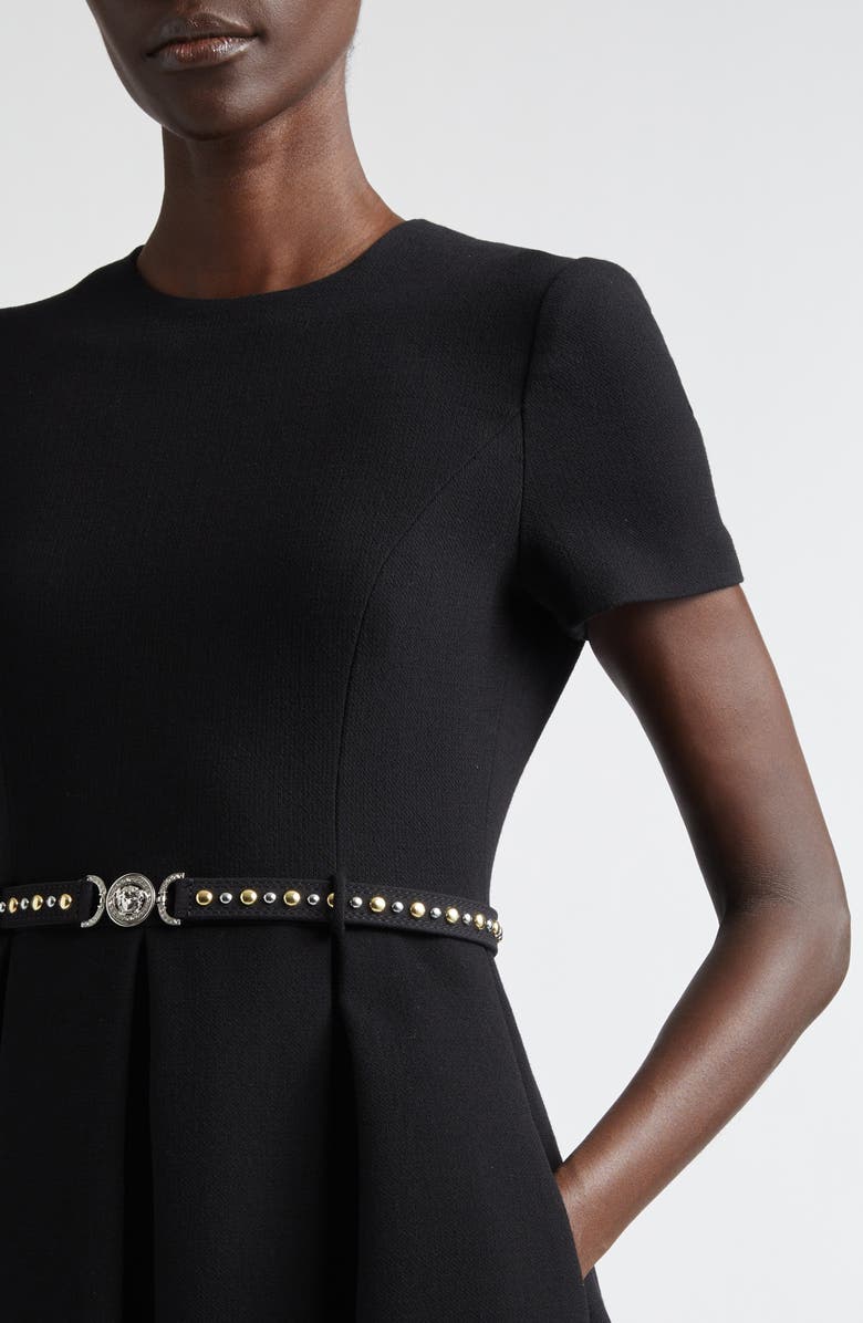 Versace Medusa 
95 Belted Double Face Virgin Wool Crepe Fit 
Flare Dress, Alternate, color, Black