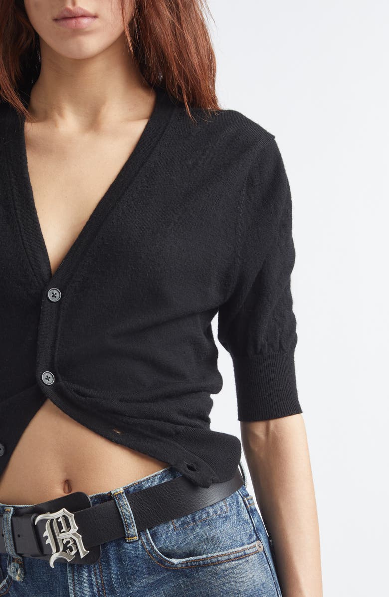 R13 Elbow Sleeve Split Hem Merino Wool Cardigan, Alternate, color, Black