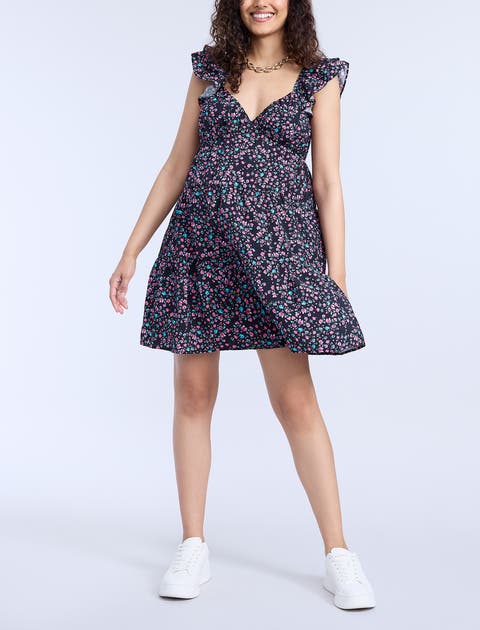 V Neck Flutter Sleeve Tiered Mini Dress