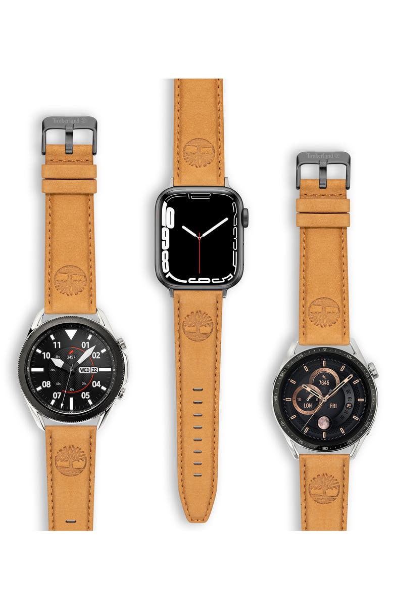 Timberland Water Repellent Leather 22mm Smartwatch Watchband, Alternate, color, Camel
