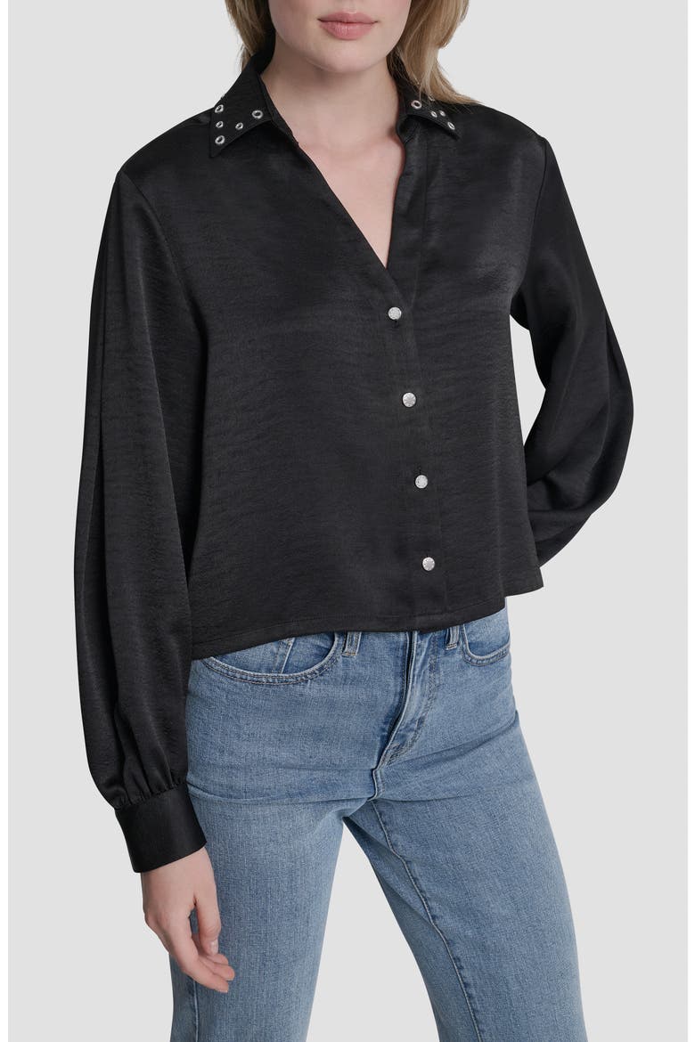 Grommet Collar Button-Up Shirt, Main, color, BLACK