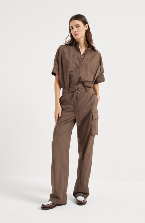 Brunello Cucinelli Cotton Belted Monili Jumpsuit In Chocolate