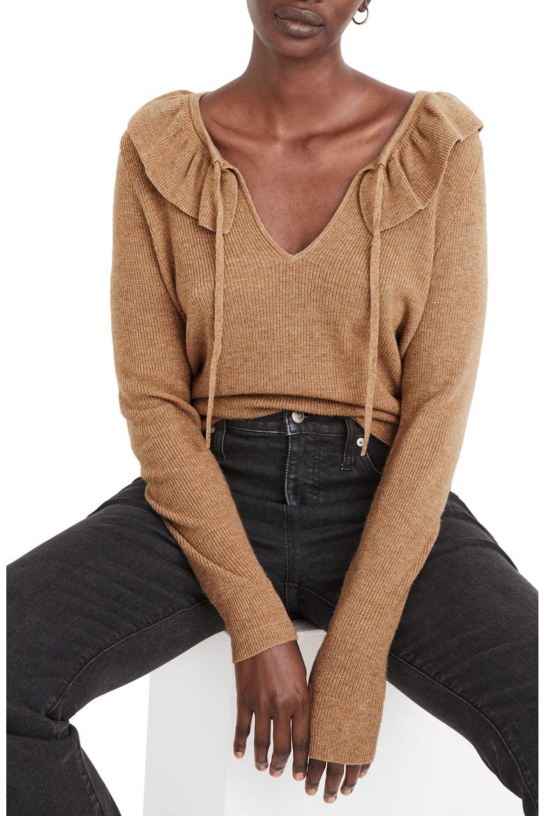 Tie Neck Ruffle Pullover Sweater, Main, color, HEATHER SANDALWOOD
