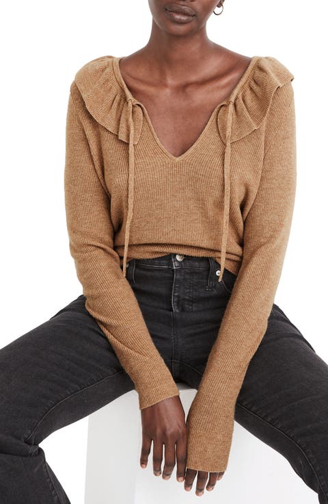 Tie Neck Ruffle Pullover Sweater
