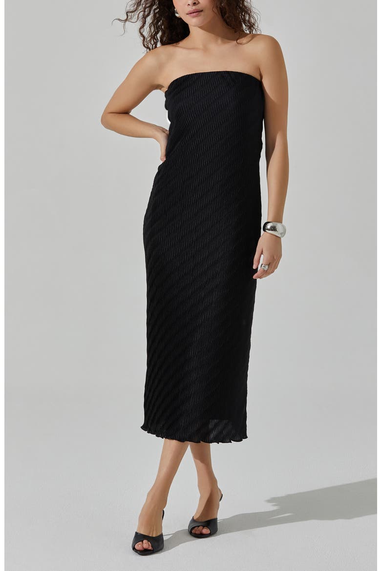 Plissé Strapless Midi Dress, Alternate, color, BLACK