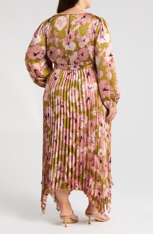 Melloday Floral Pleated Long Sleeve Satin Maxi Dress In Multi