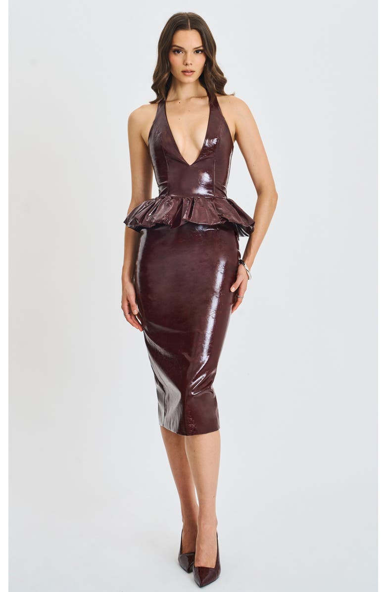 Miss Circle Jaslene Ruched Peplum Plunge Halter Midi Dress, Main, color, Mahogany