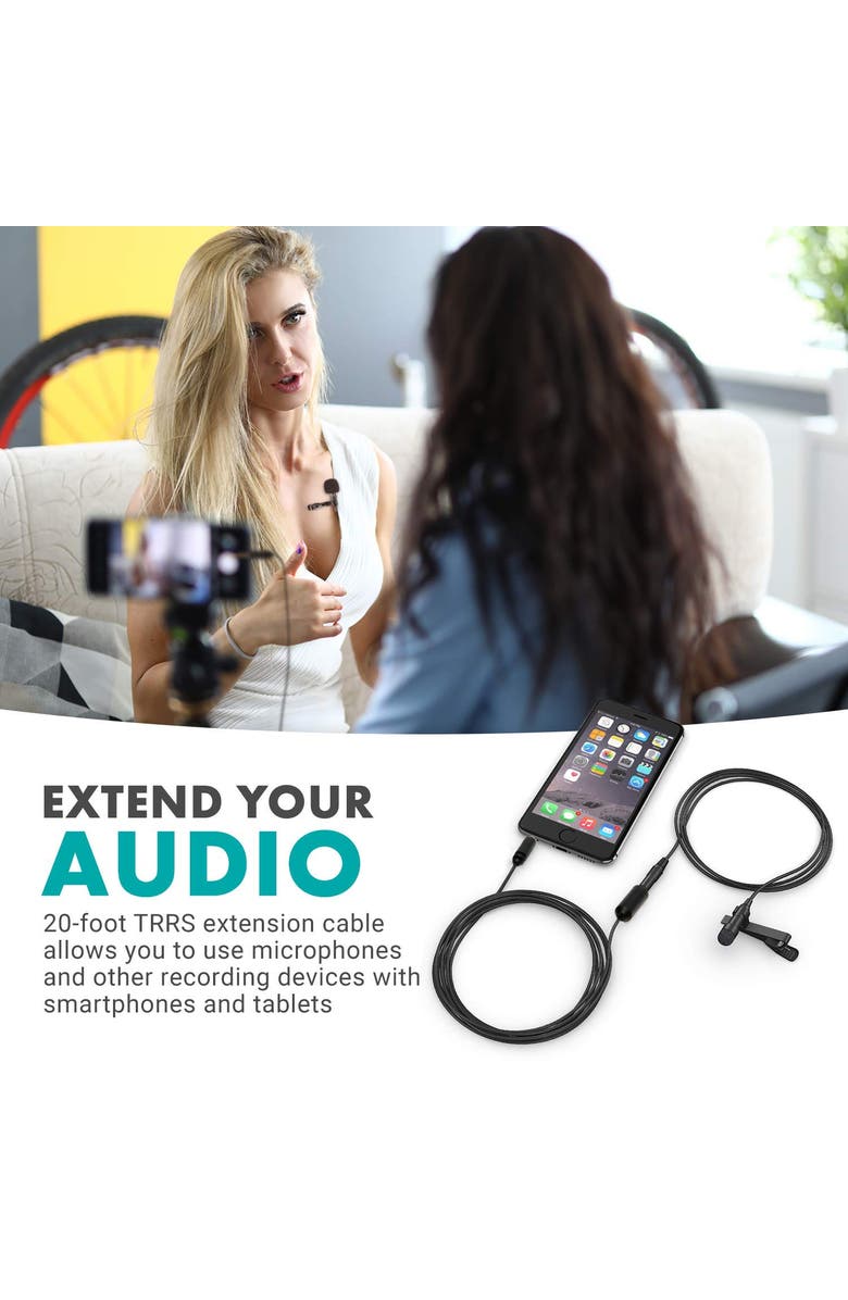 MOVO PM10EC6 20-foot (6m) TRRS Female 3.5mm to TRRS Male 3.5mm Microphone Extension Cable for Smartphones, Alternate, color, Black