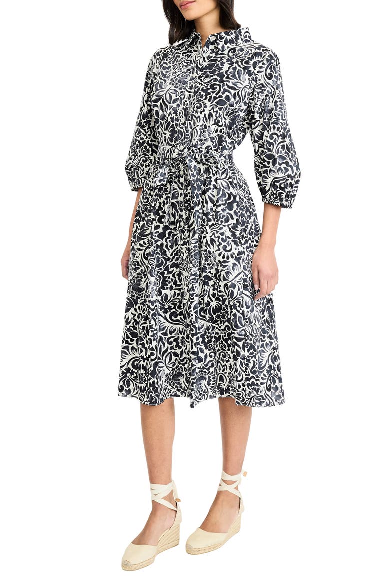 Floral Three-Quarter Sleeve Shirtdress, Alternate, color, SOFT WHITE/ GRAY